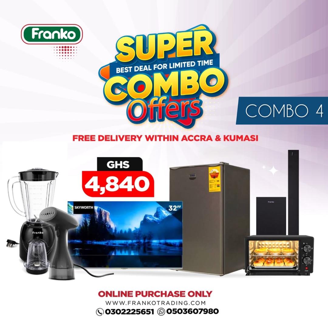 Combo 4 With Skyworth 32” Tv, Franko Soundbar Speaker (F360s) Tcl, Asano Table Top Fridge (As-D90) 17kg 83 Litres, Itel Microwave Oven (Imwo-M001h) 20l, Oriamo Hand-Held Iron & Franko 2 In 1 Blender (F2068bl) Plus Free Delivery